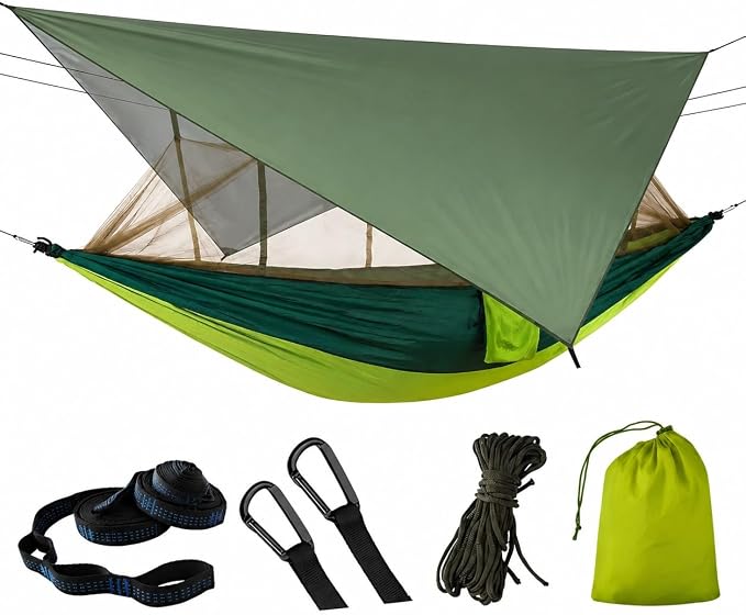 Double Camping Hammock with Mosquito Net and Rain Fly – Lightweight 3-in-1 Tent Setup for Outdoor Hiking, Travel, Patio & Backpacking – Portable Hammock for Adults with Tree Straps & Bug Net