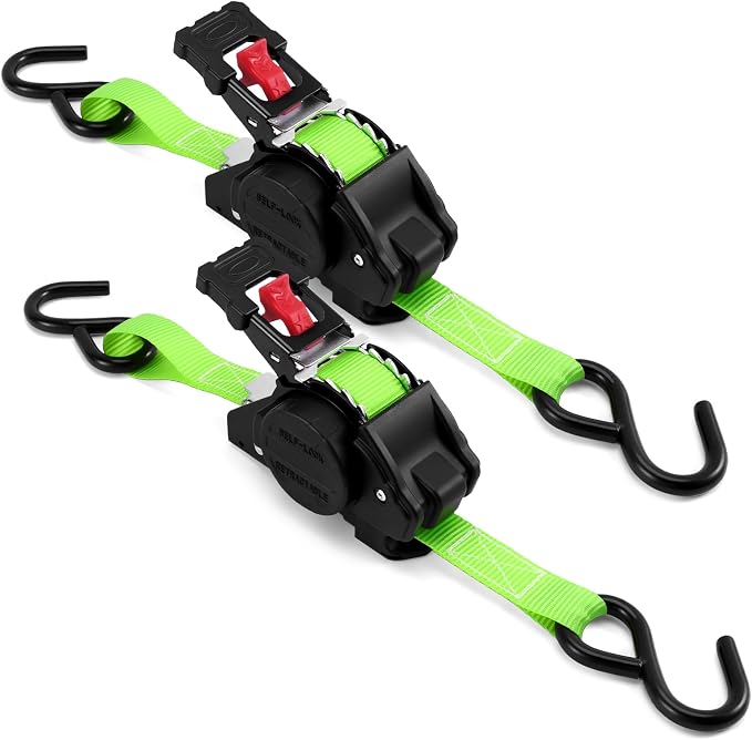 LEVELEVE Retractable Ratchet Tie Down Straps (1" x 10FT, 2-Pack, Green) - Heavy Duty 1760LBS Break Strength Quick-Lock, Weather Resistant for Moving, Cargo, Trucks & Boats