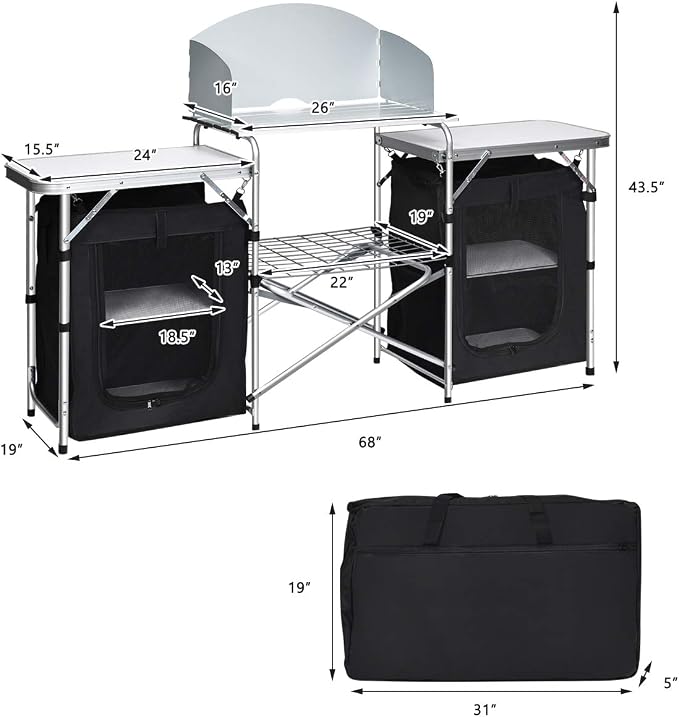 Giantex Camping Kitchen Station, Folding Grill Table with 26'' Tabletop, 2 Side Tables, Storage Organizer, Detachable Windscreen, Portable Camp Cook Outdoor Prep Station Backyard BBQ Picnic (Black)