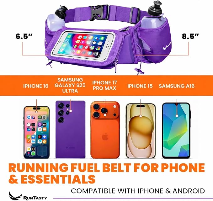 No.1 Hydration Belt by Runtasty - Premium Running Fuel Belt w/2 BPA-Free 10 oz Water Bottles, Tilt-Up Pocket w/Touchscreen-Ready Cover - Fits All iPhones, Runners Ebook & No-Bounce Design