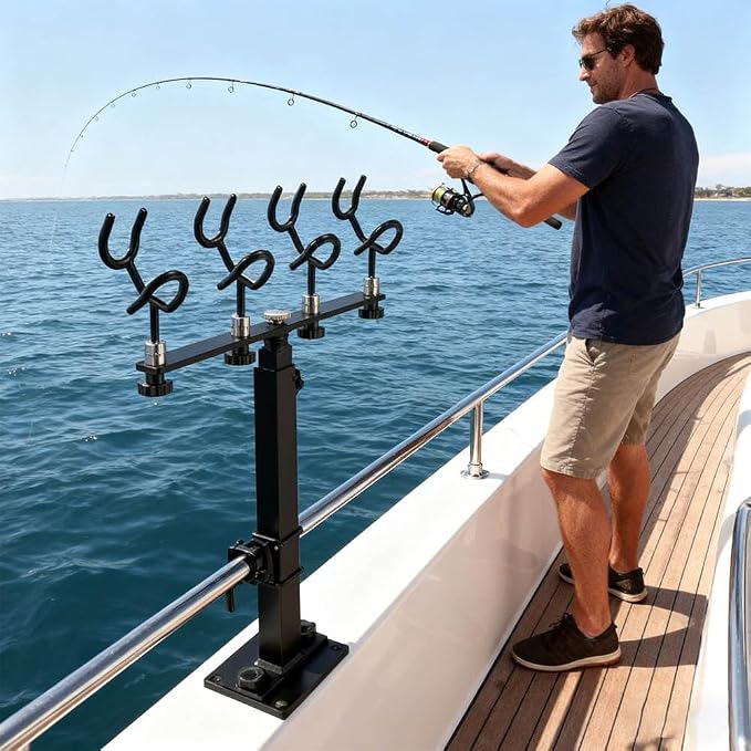 360 Degree Rotation & Adjustable Height Fishing Rod Holder with 4 Head, Marine Fishing Pole Rack with Mounting Plate, Multi-Functional Aluminum Fishing Rod Support for Wide Occasions