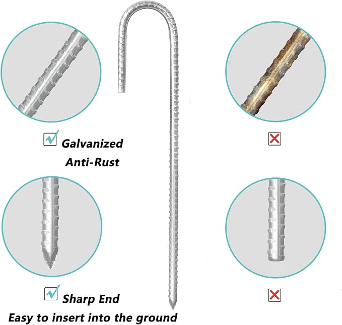 Rebar Stakes, 10 Pack 16 Inch Heavy Duty J Hook Galvanized Ground Stakes for Camping Tent Trampoline Swings and Chain Link Fence (Silver)
