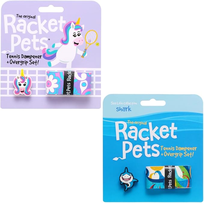 Racket Pets Kids Tennis Racket Dampener & Matching Overgrip Tape, Unicorn & Shark