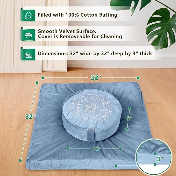 Hihealer Meditation Cushion, Traditional Tibetan Meditation Pillow Velvet Cover - Large Floor Cushion Seating for Adults - Yoga Buckwheat Bolster for Women、Moms