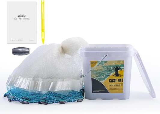 Goture American Fishing Cast Net Saltwater Freshwater, 3/8in Mesh Size Casting Net for Bait Fish Shrimp Trap, Dual Color Double Selvage Add Tape, Throw Cast Nets with Needle