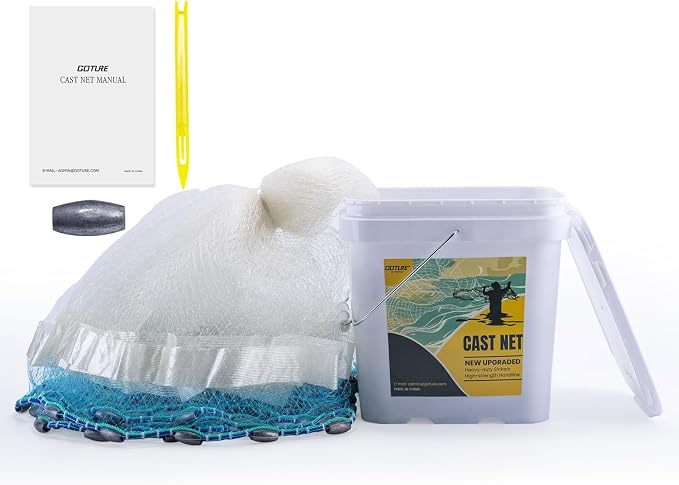 Goture American Fishing Cast Net Saltwater Freshwater, 3/8in Mesh Size Casting Net for Bait Fish Shrimp Trap, Dual Color Double Selvage Add Tape, Throw Cast Nets with Needle