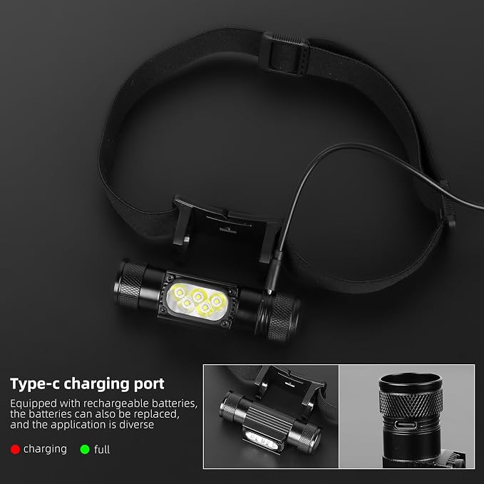 Rechargeable LED Headlamp 1800LM, 3200mAh Hard Hat Light, 6 Modes, 42H Runtime, 180° Adjustable, Lightweight Durable Head Torch, IPX4 Waterproof Flashlight for Camping, Hiking, Running & Fishing