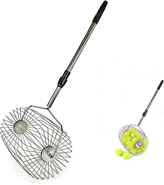 Stainless Steel Tennis Ball Picker Upper Adjustable Cylinder Hopper with Hangable Handle, Portable Tennis Ball Collector and Basket for Easy Pickup and Training, Holds 60+ Balls