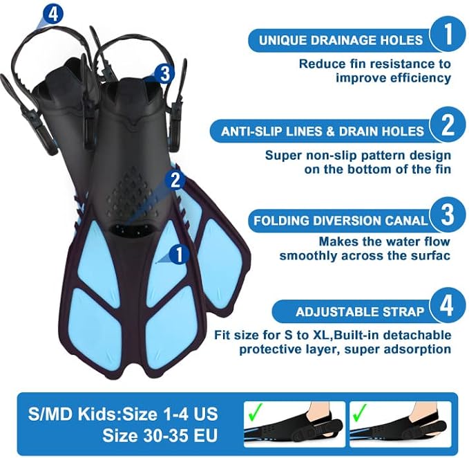 Kids Snorkeling Set - Adjustable Flippers + Panoramic Snorkel Mask + Dry Snorkel Tube + Travel Bags - Suitable for Kids & Juniors, Age 5-14
