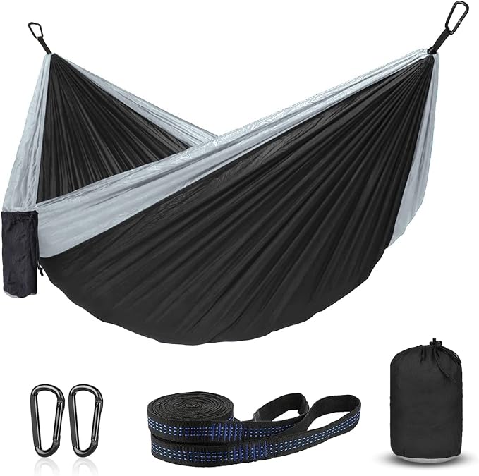 Hammock Camping, Portable Single/Double Hammocks for Outdoor Hiking Travel Backpacking - 210D Nylon Hammock Swing for Backyard & Garden (Black/Gray)