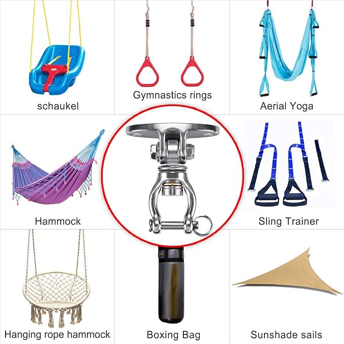 SELEWARE Silent Bearing Swivel Swing Hanger Stainless Steel Swing Hook Ceiling Mount Swing Bracket for Aerial Yoga Silks Swing Chair Heavy Bag Swing Set Indoor Outdoor