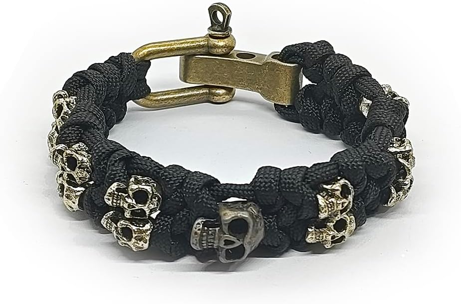 Skull Paracord Bracelet Black Green Paracord Bracelet Adjustable Gothic Design Bracelets with Metal Skull Charms U-Shackle Closure