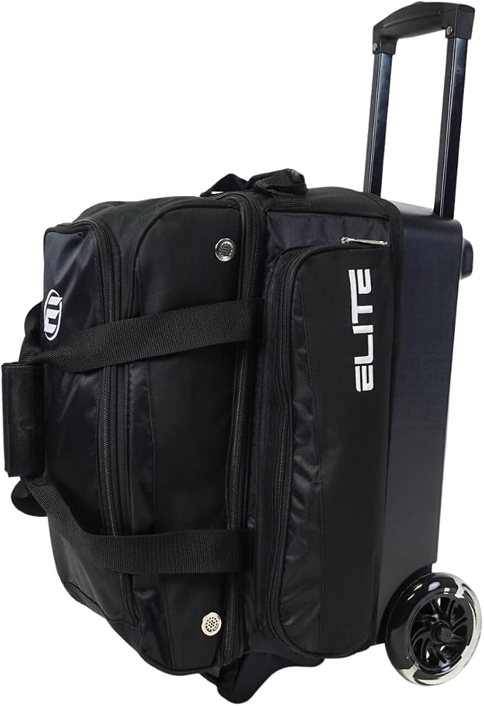 ELITE Deluxe 2 Ball Bowling Bag with 5" Smooth Wheels - Large Accessory Pocket, Shoe Compartment, 36" Extendable Handle