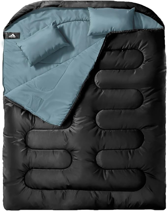 MEREZA Double Sleeping Bag for Adults Mens with Pillow, XL Queen Size Two Person Sleeping Bag for All Season Camping Hiking Backpacking 2 Person Sleeping Bags for Cold Weather & Warm