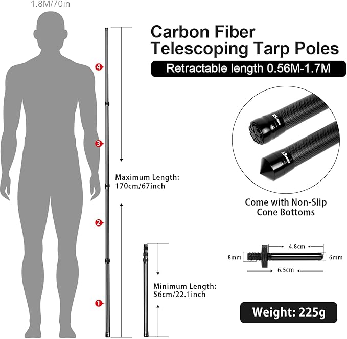 Telescopic Tarp Poles, Canopy Adjustable Carbon Fiber Poles Set of 2, Portable & Lightweight Tent Tarps for Awning, Camping, Hiking 67"