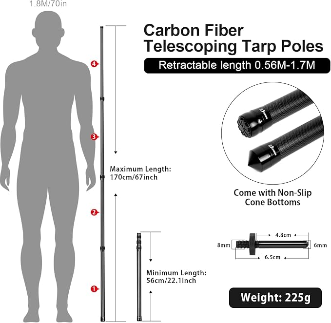 Telescopic Tarp Poles, Canopy Adjustable Carbon Fiber Poles Set of 2, Portable & Lightweight Tent Tarps for Awning, Camping, Hiking 83"