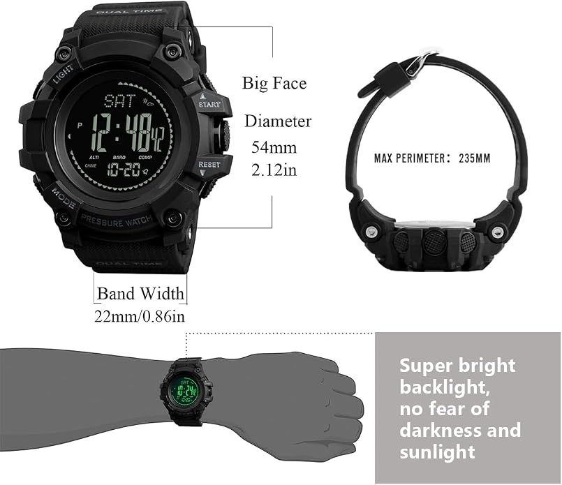 Watch Compass, Altimeter Barometer Thermometer Temperature, Pedometer, Military Army Waterproof Outdoors Sport Digital Watch for Men