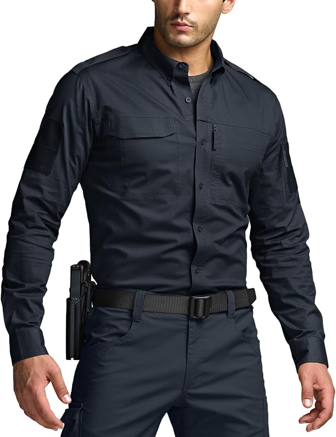 CQR Men's Long Sleeve Tactical Shirts, Ripstop Military Work Shirts, UPF 50+ Breathable Button Down Outdoor Hiking Shirt