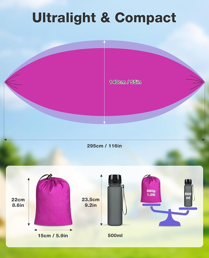 MOSFiATA Camping Hammock, Lightweight Parachute Hammock Up to 700lbs with 2 Tree Straps and Attached Carry Bag Portable Outdoor Hammock for Backpacking Hiking Travel (Pink Purple)