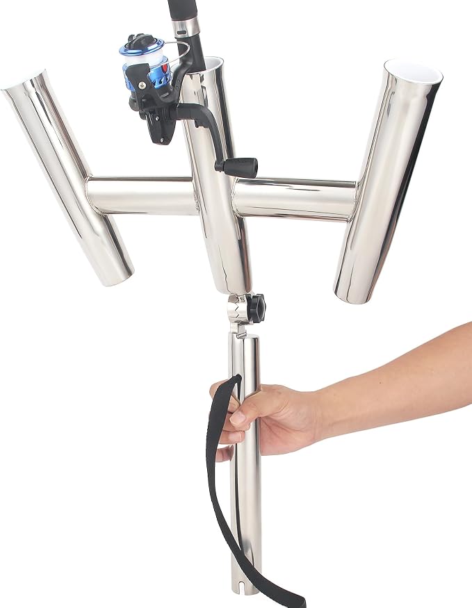 3 Tube Rod Holder-Stainless Steel Trident Outrigger Stylish-Tree Triple Rod Holder Adjustable Silver Kite Fishing Mount 3-Rod Racks for Boat, Ship, Yacht