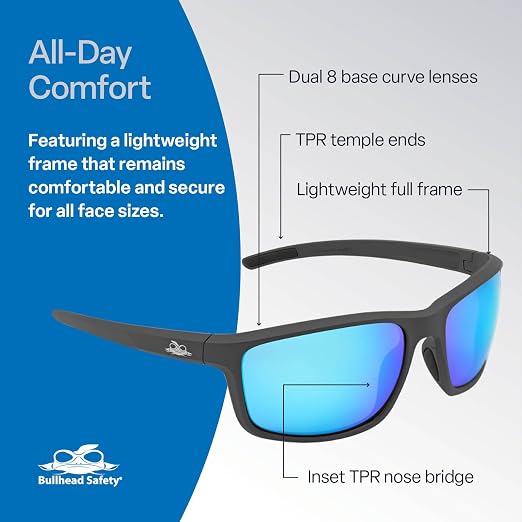 Bullhead Safety Crevalle Safety Glasses, Anti-Fog and Scratch Resistant, Precision Lens with UV Protection, Comfortable and Lightweight, Blue Mirror Lens and Matte Gray Full-Frame, One Size