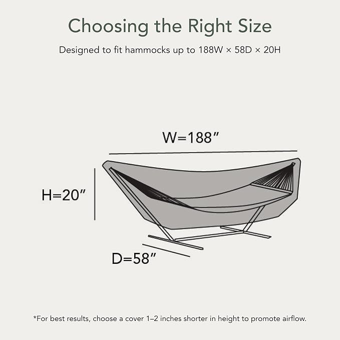 Covermates Elite Hammock Cover – Weather-Resistant 300D Polyester with Double-Stitched Seams, Adjustable Buckle Straps & Lightweight All-Weather Protection, 188W x 58D x 20H, Charcoal