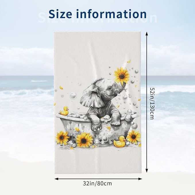 Cute Elephant Beach Towel, 32x52in Microfiber Quick Dry Gold Bathtub Sunflower White Bath Towels, Soft Lightweight Oversized Sand Free, for Travel Pool Swimming Gym Decor, Gifts