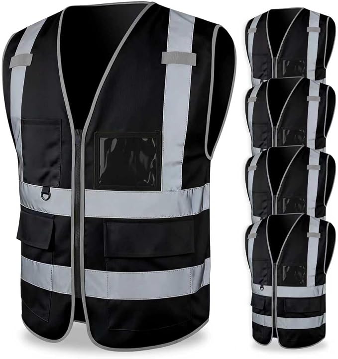 FATONE Hi Vis Safety Vest for Men with Reflective Strips, Class 2 High Visibility Vest with Pockets for Construction, Traffic, Warehouse, Security, Volunteer, 5 Pack Black, M