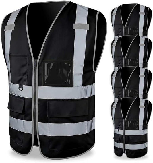 FATONE Hi Vis Safety Vest for Men with Reflective Strips, Class 2 High Visibility Vest with Pockets for Construction, Traffic, Warehouse, Security, Volunteer, 5 Pack Black, M