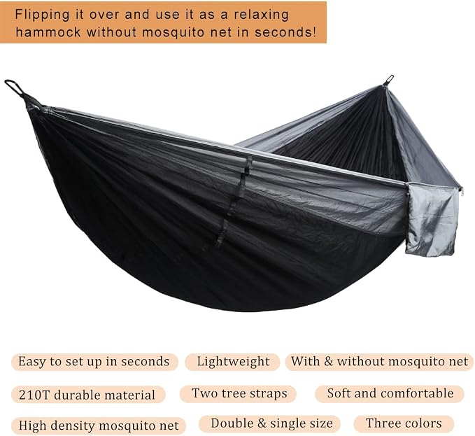 AnorTrek Camping Hammock with Mosquito Net, Double & Single Lightweight Portable Hammocks with Tree Straps, Parachute Hammock for Camping, Backpacking