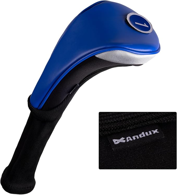 Andux 3pcs/Set PU Golf Wood Club Head Covers with Long Neck | for 460cc Driver Fairway Wood Club with Hook & Loop No. Tags Coloured Piping Pull-On Closure