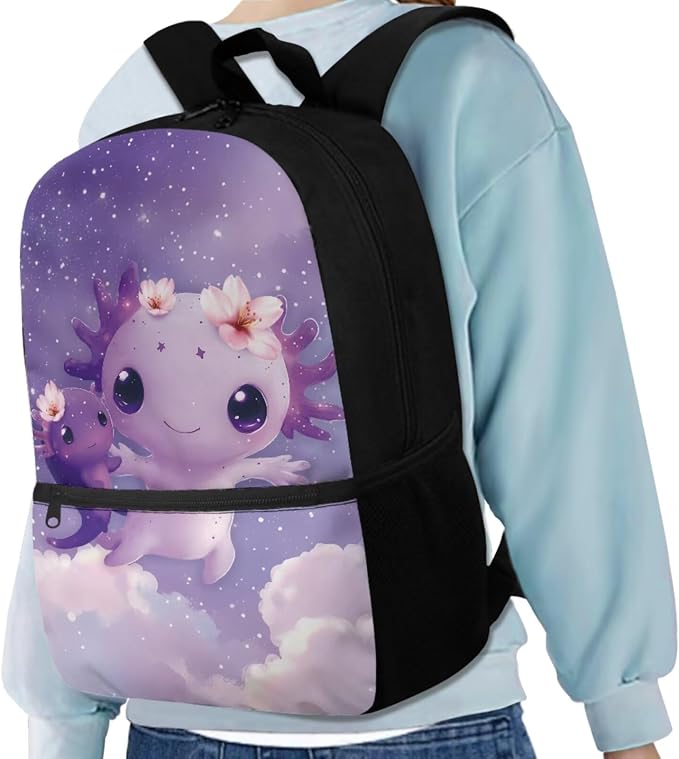 Axolotl Backpack for Girls Bookbag with Lunch Box, Children Boys School Bag with Lunch Bag Pencil Case Water Bottle Holder Set 4 in 1 School Supplies