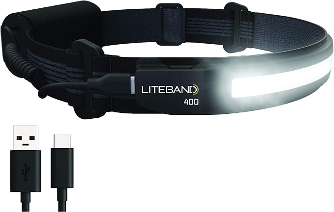 LITEBAND ACTIV Rechargeable LED Headlamp, 400 Lumens, 210° Wide Beam, Lightweight No-Bounce Fit, IPX4 Weather Resistant, Black