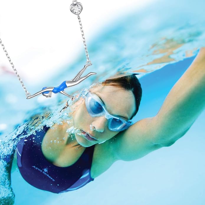 925 Sterling Silver Heart CZ Cute Swimming Girl Pendant Necklace for Women Teen Swimmer Coach Gift