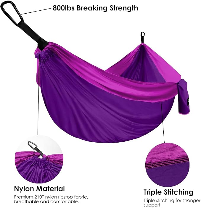 Gold Armour Camping Hammock - Portable Hammock Single Hammock Camping Accessories Gear for Outdoor Indoor Adult Kids, USA Based Brand (Purple and Fuchsia)
