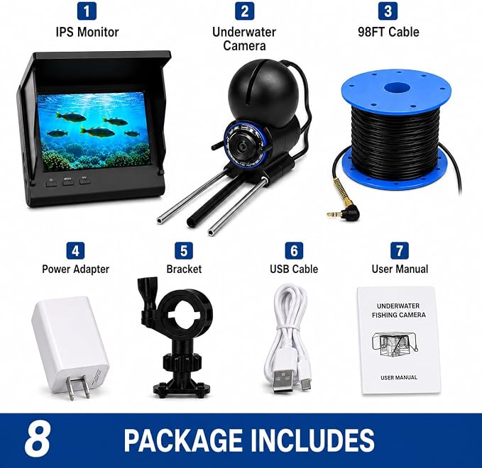 Underwater Fishing Camera with 1080P IPS Screen, Waterproof 220°Ultra-Wide Infrared Night Vision Lens, 98ft Cable for Ice, Lake, Boat, Kayak Fishing