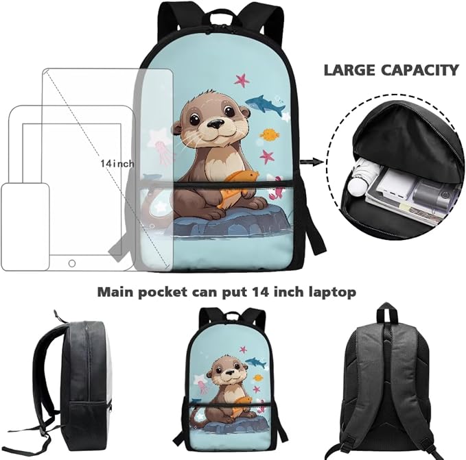 Sea Otter Backpack for Girls School Bag with Lunch Bag Pencil Case Water Bottle Holder 4PCS School Daypack Travel Bag Satchel Bagpack Back to School Supplies