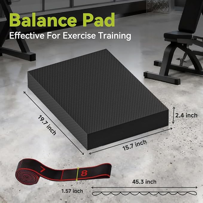Extra Large Yoga Exercise Balance Pad - Thick Non-Slip Stability Cushion for Pilates and Exercise - High Density Foam Trainer for Core Strength Home Gym - Bonus: 10-Position Resistance Band!