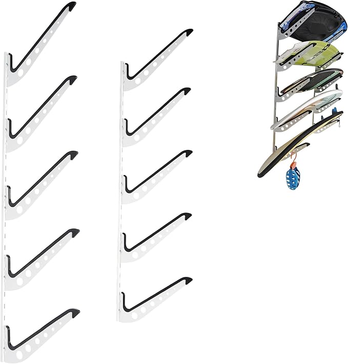 5 Board Surf Rack Wall Mount for Surfboard, Wakeboard, Snowboard Storage Adjustable Wall Hangers Boards Display