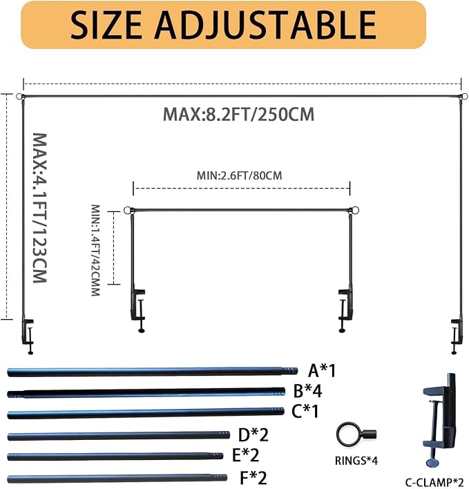 Over The Table Rod Stand with Clamps, Adjustable 16"-48" Tall,31"-98" Length Black Retractable Table Arch Banner Stand Hanging for Wedding Birthday Party Decorations