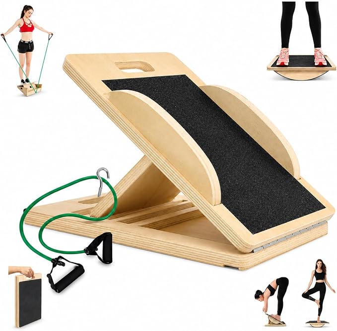 3-in-1 Portable Wooden Slant Board, Balance Board & Resistance Band – 5 Incline Angles –Incline Board – Slant board for exercise, Squats, Physical Therapy – Anti-Slip Surface, Portable, Metal Hook