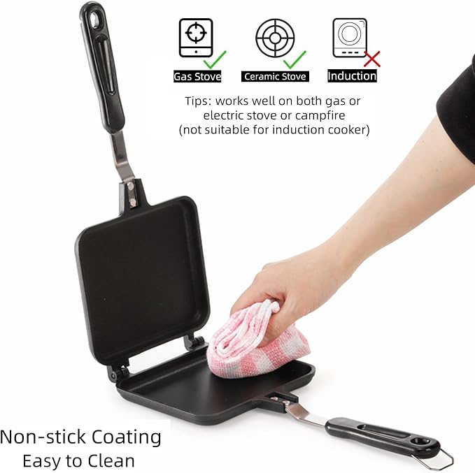 Cididu Hot Sandwich Maker, Grilled Sandwich Toaster for Bread Pancake | Double Sided Non-Stick Frying Pan, Stovetop Toasted Sandwich Grill Press Flip Pan for Camping Kitchen (Inside 5.4"L x 4.7"W)