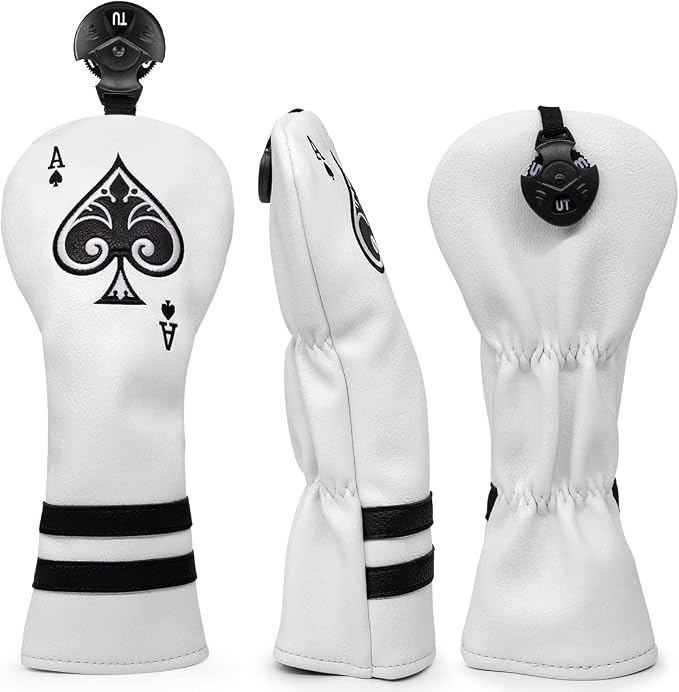 Ace Wood Club Headcover - 3pcs or 1pc - Driver/Fairway Woods/Hybrid Rescue - White Leather Golf Club Cover