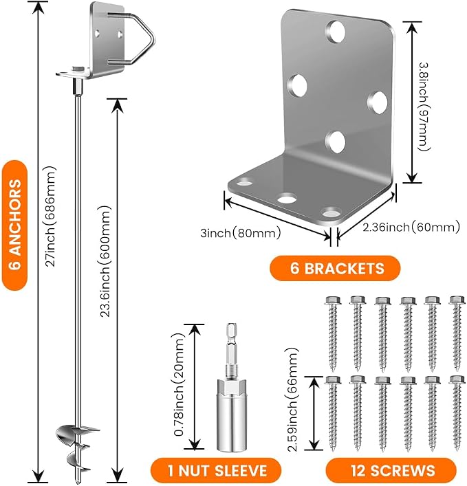 Ground Anchors Shed Anchors 27" Set of 6 Trampoline Stakes Screw in Heavy Duty Mobile Home- Storage Shed Anchor Kit - Playset Swing Anchors - Stakes for Fence,Carport,Garden (Silver, 6 x 27in)