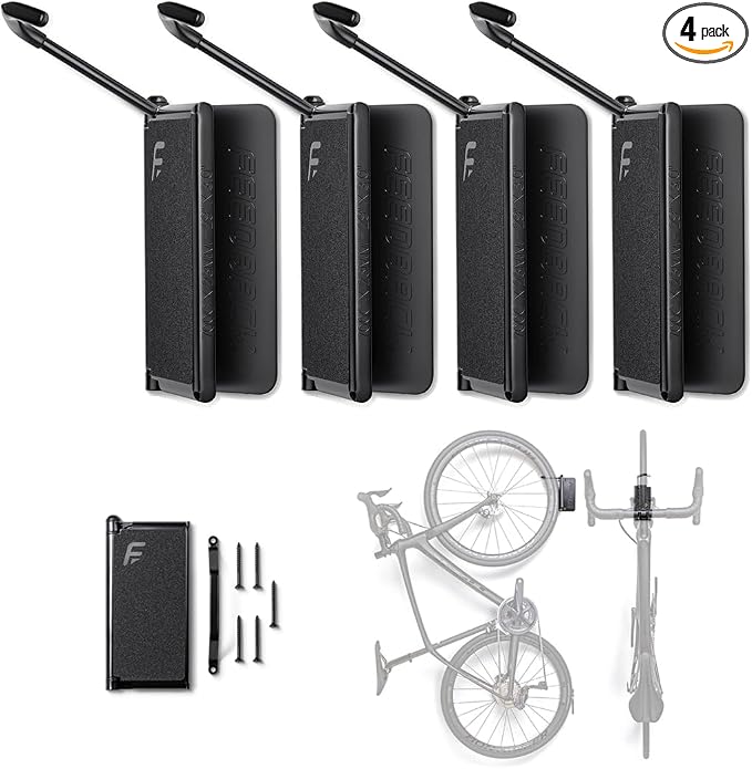 Feedback Sports | Velo Hinge 2.0 (4 Pack) Pivoting Swivel Bike Wall Mount | Vertical Bicycle Hanger | Garage Fold Away Bike Hook | Road, Gravel, Mountain Bike Compatible