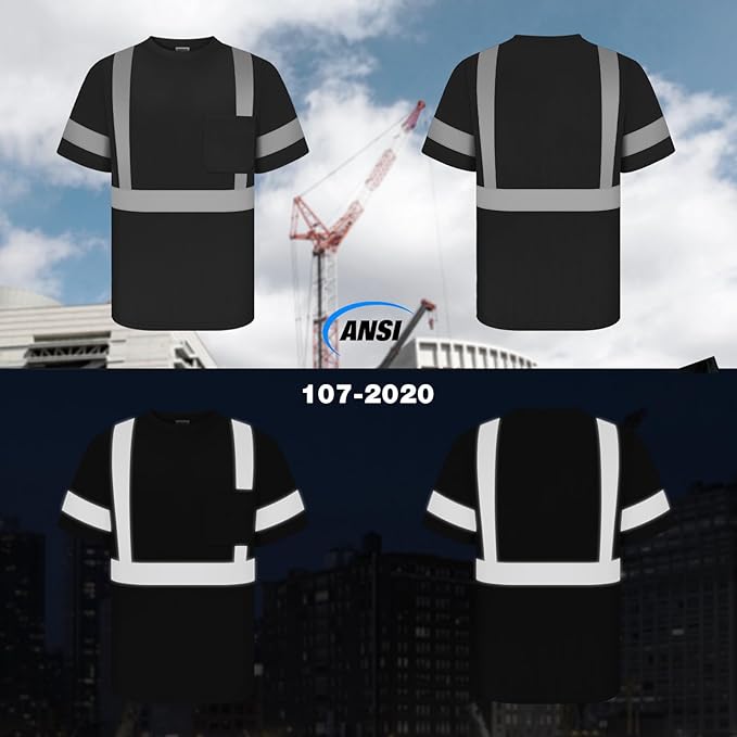 TCCFCCT Construction Shirts Class 2 High Visibility Shirts for Men, Hi Vis Reflective Safety Shirts for Men Women, Work Shirts with Short Sleeves, Durable & Breathable, DC-Black 5XL 3PCS