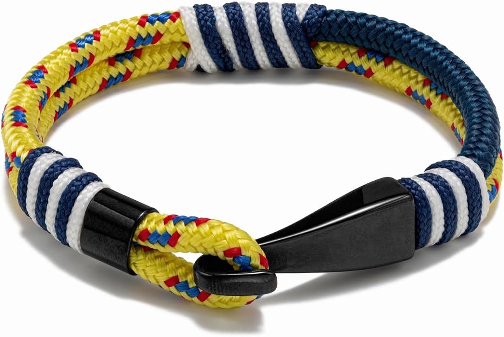 Men's Nautical Anchor Cuff Bracelet, Handmade Black & Blue Stainless Steel Rope Wristband with Lobster Claw Clasp