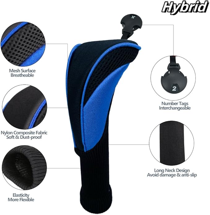 Golf Club Head Covers for Woods 3/4/5/6 Pieces Long Neck Mesh Sports Golf Club Headcovers Set with Interchangeable No. Tags 3 4 5 6 7 X Golf Accessories for Men Women