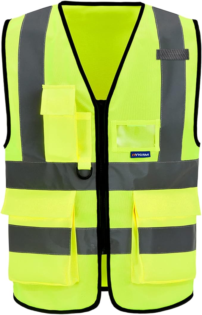 A-SAFETY 7pocket High Visibility Safety Vest Zipper, Construction Vest Reflective Strips ANSI/ISEA Standards for Motorcycle, Running,work, Bicycle Riding Outdoor Activities, Yellow