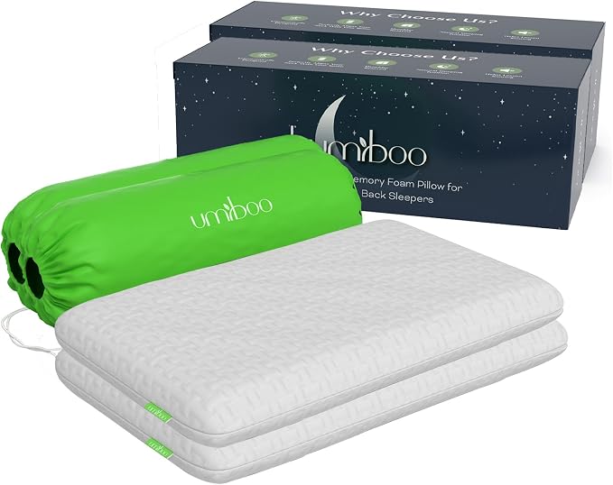 Umiboo by Focus Thin 2.5-Inch Memory Foam Pillow for Stomach and Back Sleepers 2-Pack (White) (2 Items)